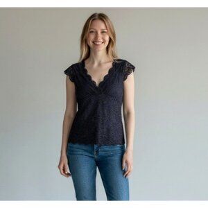 Boston Proper Navy Blue Lace Cap Sleeve V-Neck Top Womens Size M Lined New Tag